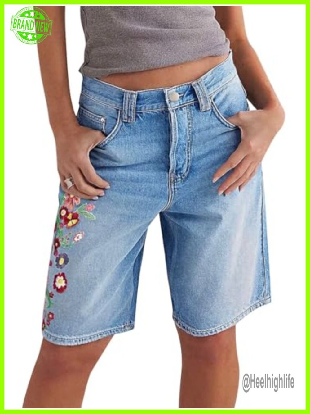 Flamingals Mid Rise Bermuda Shorts Floral Embroidery